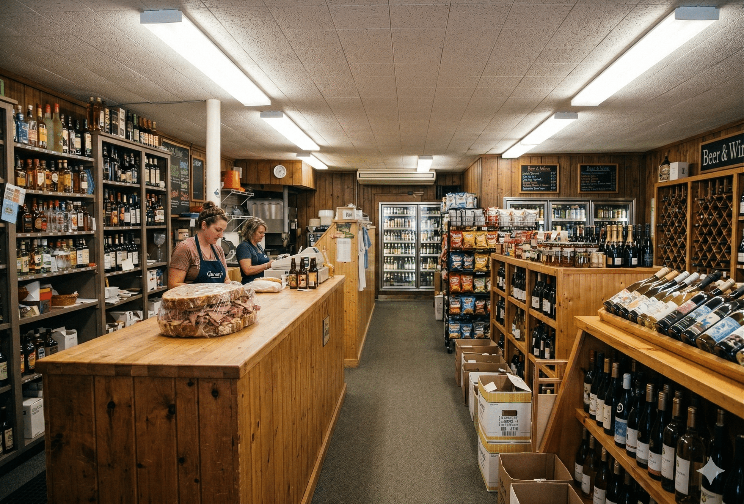 Interior of Gurney’s Bottle Shop in Harbor Springs with wine, beer, and liquor shelves leading to the famous sandwich counter in the back