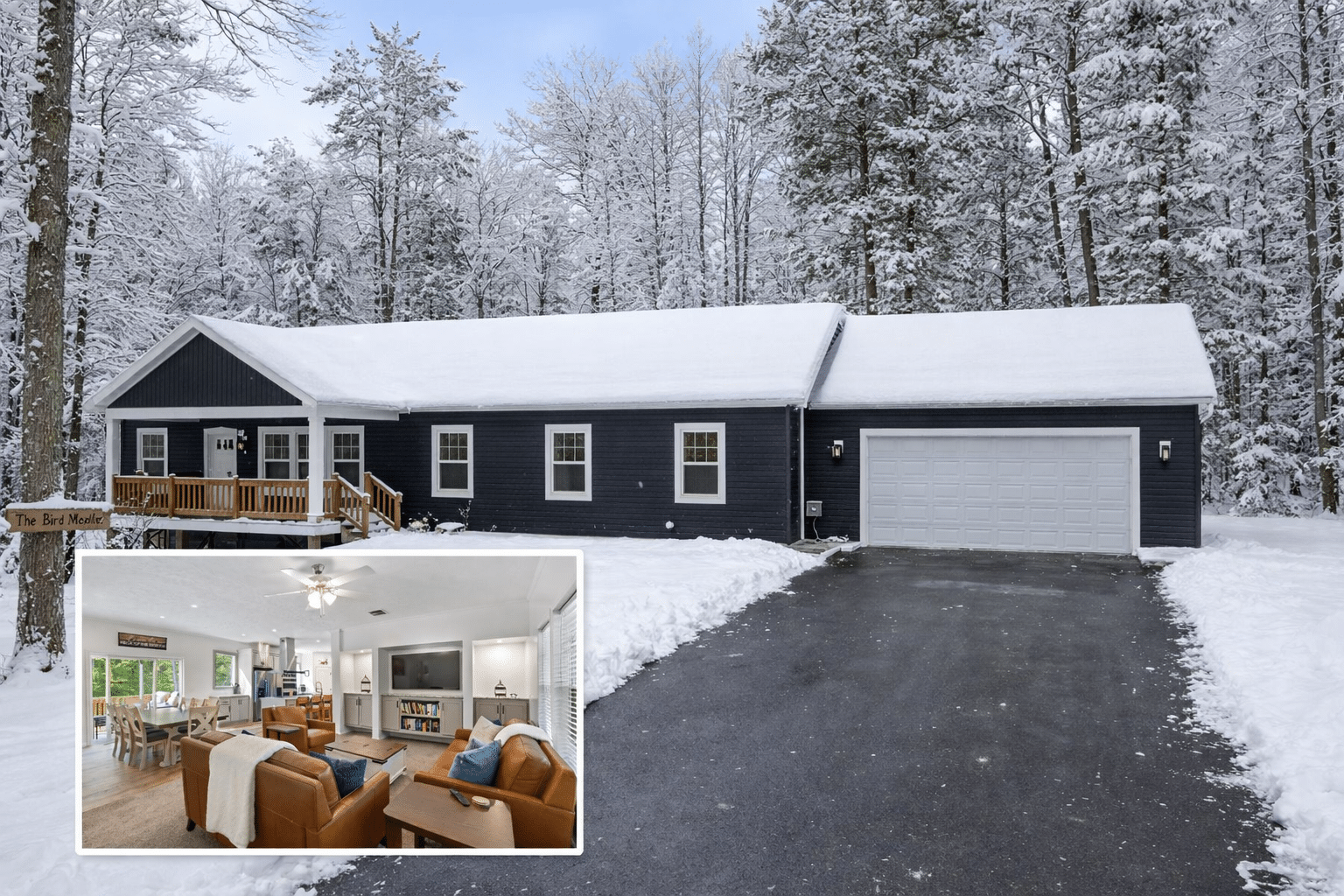 The Bird House Harbor Springs vacation rental in winter with snow covered yard and driveway, minutes from Nub’s Nob and The Highlands ski areas
