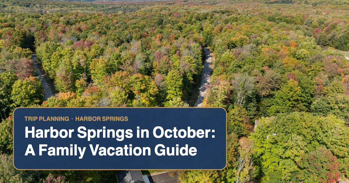Aerial view of fall color over the wooded property at The Bird House near Harbor Springs, Michigan, in October