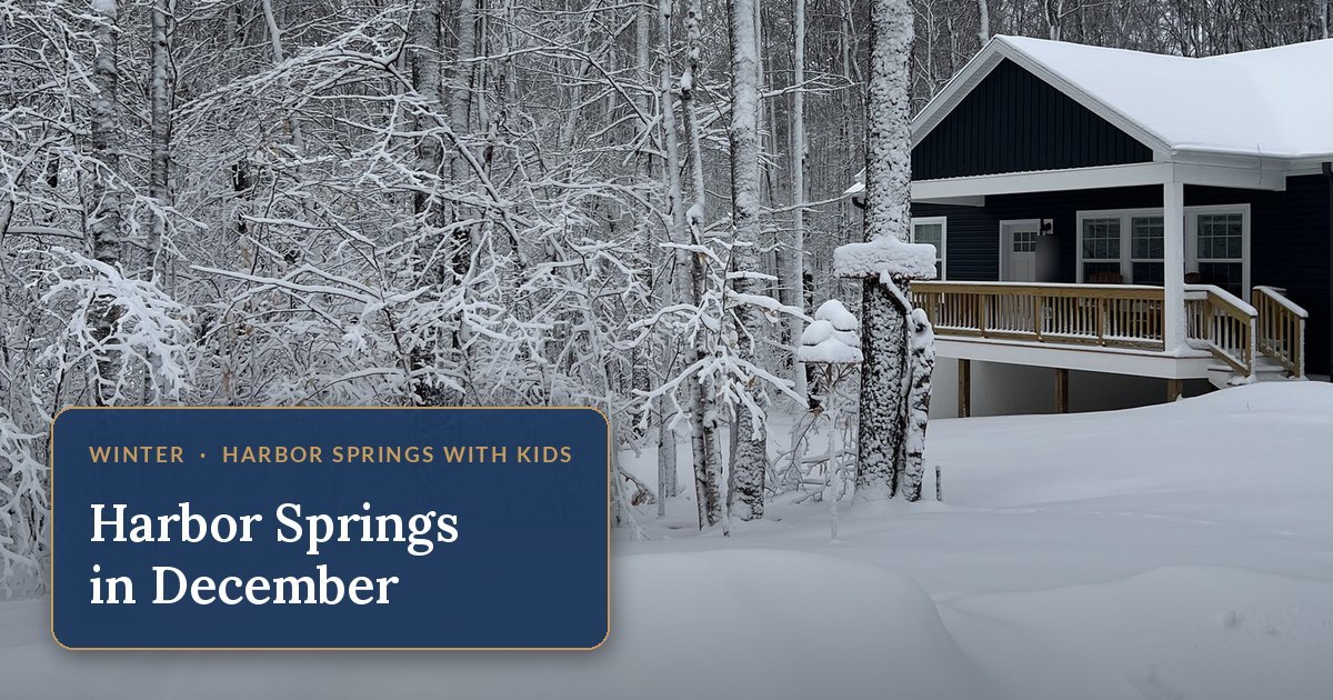 Snow on the wooded drive at The Bird House, a family vacation home seven minutes from Nub's Nob in Harbor Springs, Michigan